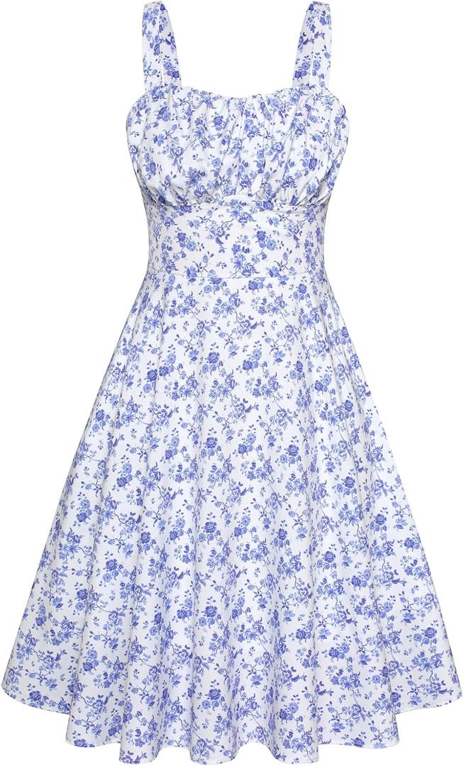 Belle Poque Women's Vintage Sleeveless Solid Floral Ruched Summer Cute A-Line Flowy Swing Midi Dress (Medium, White-blue Floral 2)