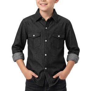 Spring&Gege Western Boys Denim Button Down Shirt Long Sleeve Pearl Snap with Two Flap Pockets (5-14 Years) (Black, M)