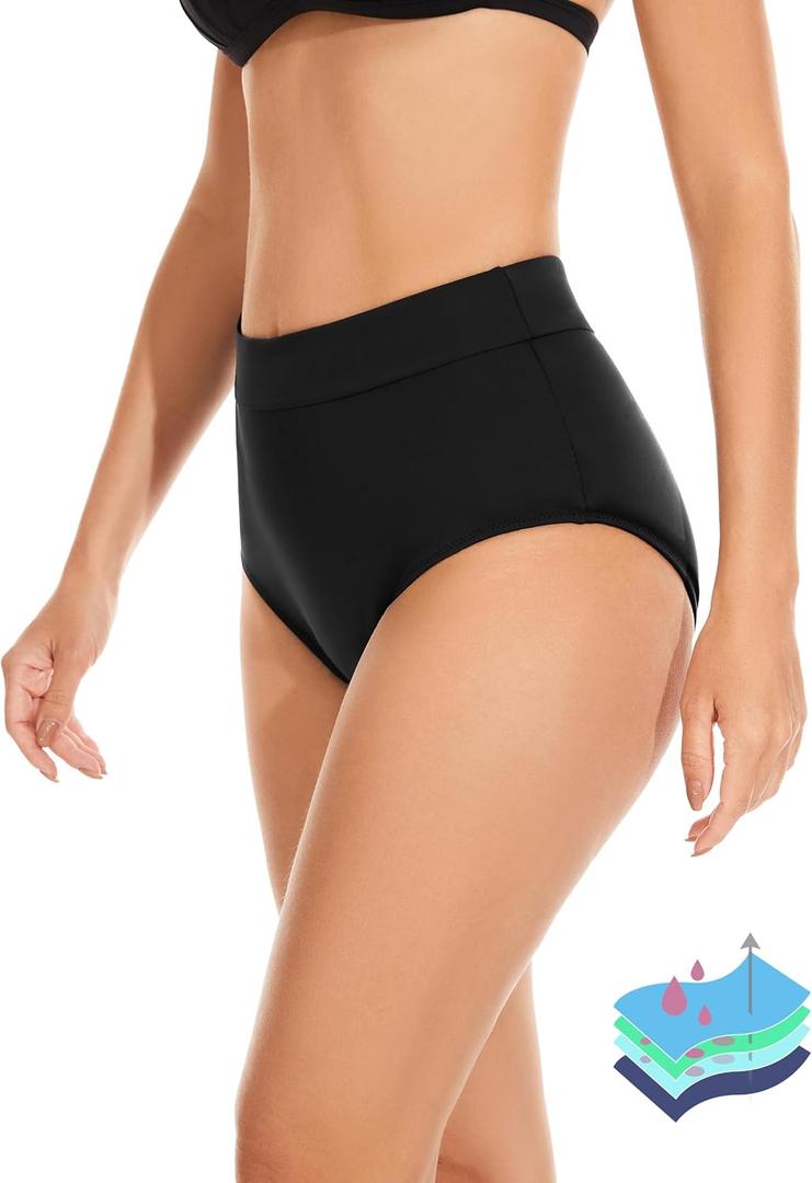 OVRUNS Period Swimwear Leakproof Bikini Brief Bottoms Waterproof Menstrual Swim Bottoms for Teens, Girls, Women (Black, XS)