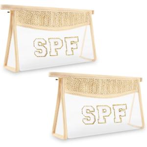 Iqimott 2Pcs Boho Patch SPF Bag Clear Makeup Letter Bag, Waterproof Zipper Make up Bags Toiletry Pouch for Women Girls, Clear Letter Patch Cosmetic Bags Transparent Organizer Pouch for Travel(SPF)