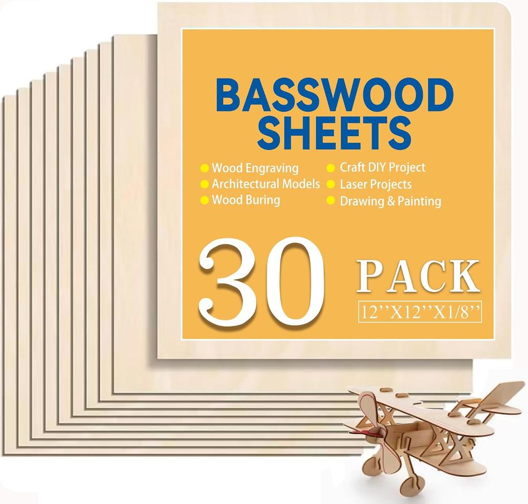 Basswood Plywood Sheets, 1/8 x 12 x 12 inch - 3mm, 10 Sheets for DIY Crafts, Laser Cutting, Wood Burning, Painting, Model Carving, CNC Cutting