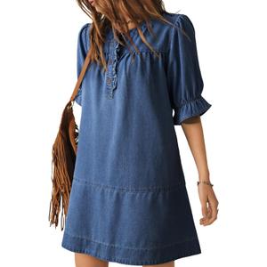 Dokotoo Women's Denim Dress 2026 Babydoll Dress Casual Ruffle Short Sleeve Button Jean Dresses (Large, Blue)