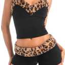 EHSUYAB Women 2000s Sexy 2 Piece Leopard Club Outfits, Sweetheart Neck Halter Crop Top, Low Rise Micro Shorts Going Out Rave Black Large