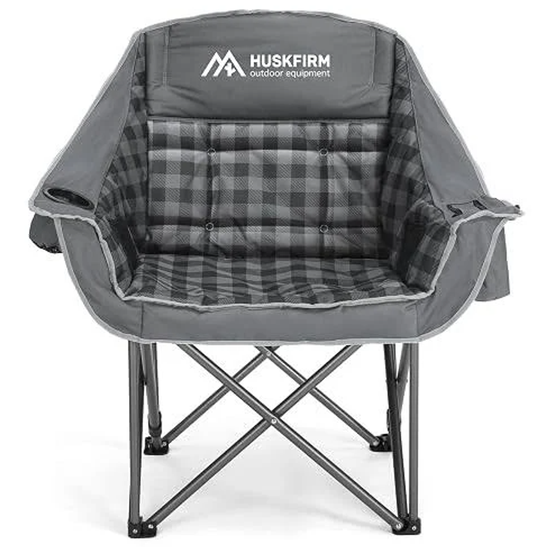 HUSKFIRM Oversized Folding Camping Chair – Heavy Duty Padded Quad Armchair with Side Storage Pockets, Cup Holder & Carry Bag , Padded Camping Chairs Support 450LBS, Grey