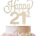 Happy 21st Birthday Gold Rhinestone Cake Topper - Cheers to 21st Birthday 21 Years Old Party Cake Centerpieces Topper Decorations Gift Sign.