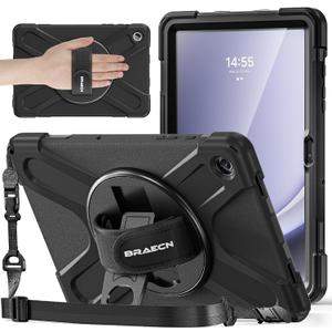BRAECNstock for Samsung Galaxy Tab A9+ Plus Case 11 inch (SM-X210/X216/X218) Shockproof Protective Tab A9+ Plus Kids Case with Screen Protector Pen Holder Rotating Hand Strap+Stand, Black