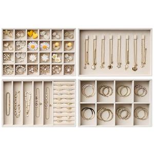 Velvet Jewelry Drawer Organizer Trays – Large Beige Stackable Jewelry Storage Inserts Set, 4-Layer Jewelry Tray Set for Earrings, Rings, Necklaces, Bracelets with Removable Dividers for Dresser,Vanity
