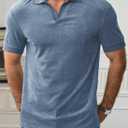 Mens Terry Polo Shirts Johnny Collar Casual Summer Short Sleeve Buttonless Shirt (Blue, M)