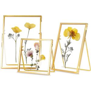 REDHUGO Glass Frame for Pressed Flowers Handmade, Double Glass Floating Picture Frame Set, Brass Photo Frame, Standing Frame Set, Small Picture Frame, Gifts for Family, 44", 46", 57", Gold
