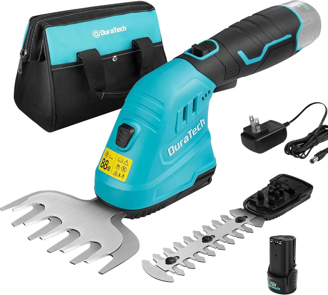DURATECH Cordless Hedge Trimmer, 12V 2-in-1 Handheld Grass Trimmer & Hedge Shears Included 2.0Ah Li-Ion Battery, Charger & Storage Bag, Electric Grass Shear & Shrubbery Trimmer for Garden Yard Lawn