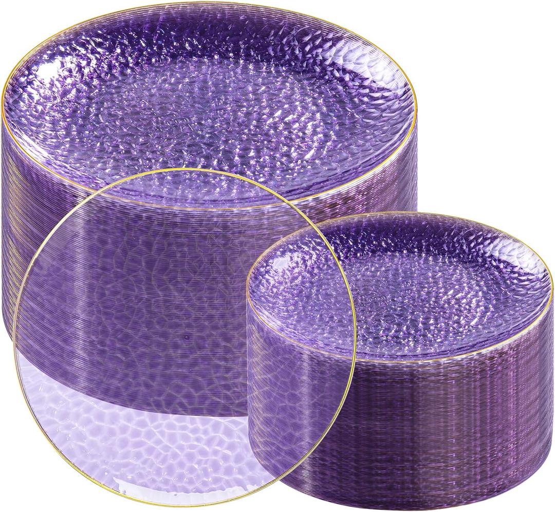 Rubtlamp 100Pcs Purple Gold Plastic Plates, Purple Disposable Plates With Gold Rim, Hammered Plastic plates Include 50 Clear Dessert Platos, 50 Dinner Platos for Party