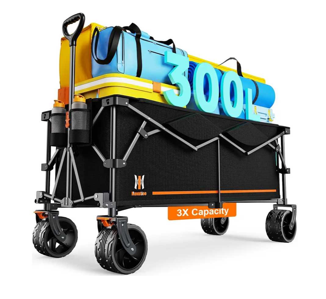 Navatiee 300L Collapsible Wagon Cart Foldable Extra Large, 48''L Folding Extended Beach Wagon with 440LBS Weight Capacity and Big All-Terrain Wheels, Heavy Duty Utility Garden Cart for Sports Outdoor