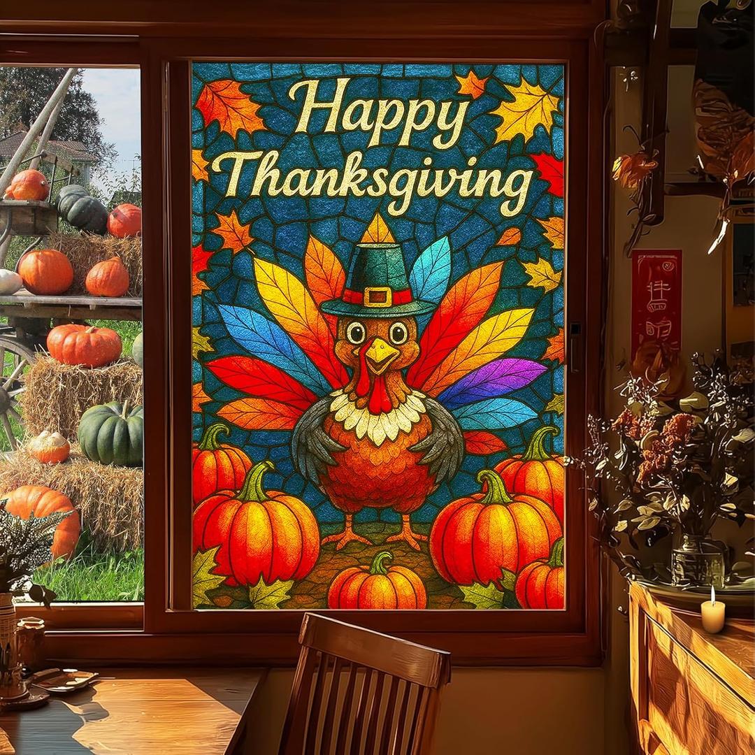 HOMETITUTE Thanksgiving Turkey Window Film 31x47 Inch Decorative Window Film Happy Fall Cling for Door Mirror Pumpkin Leaf Art Privacy Glass Sticker Stained Glass Window Sticker for Home Decor