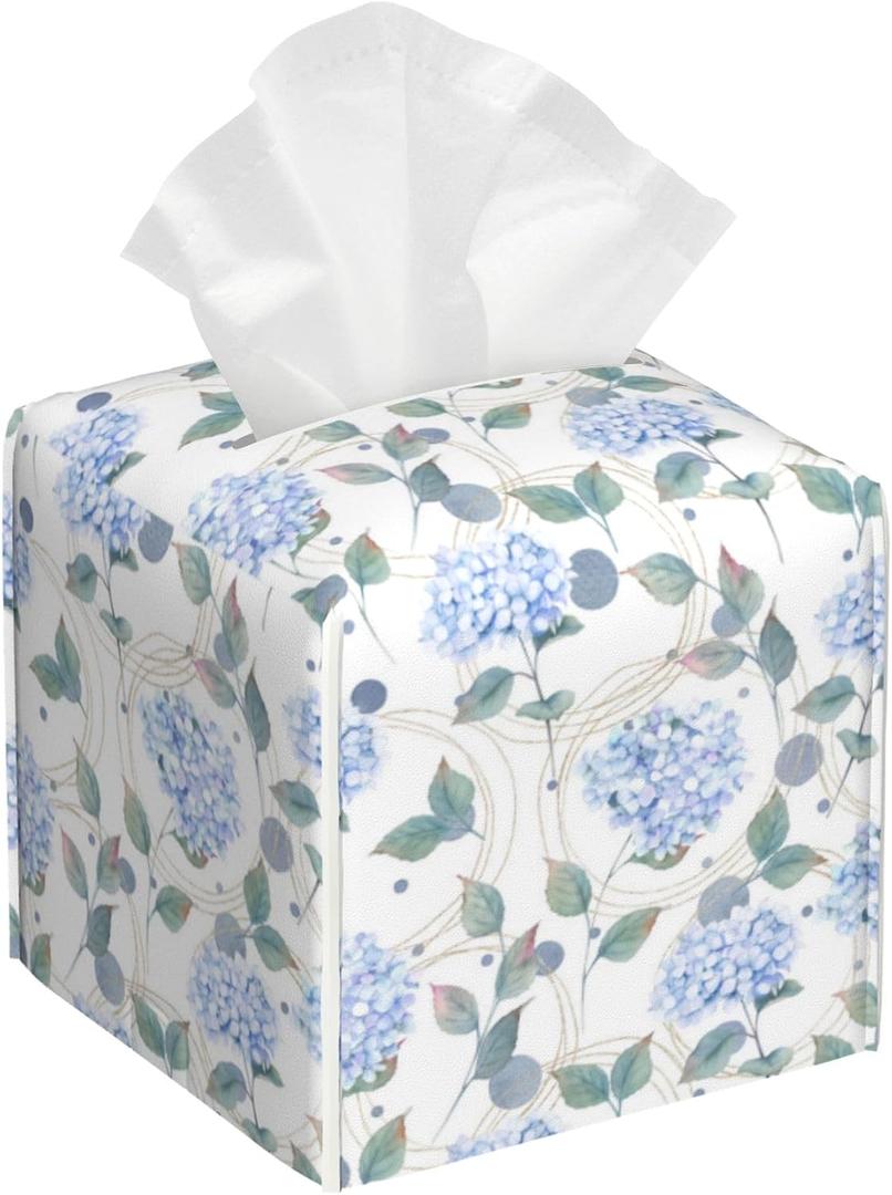 Contemporary Floral Tissue Box Cover Holder Cube Facial Paper Organizer Dispenser, Abstract Hydrangea Flower, Square, PVC Leather, 5.2"L x 5.2"W x 5.2"H