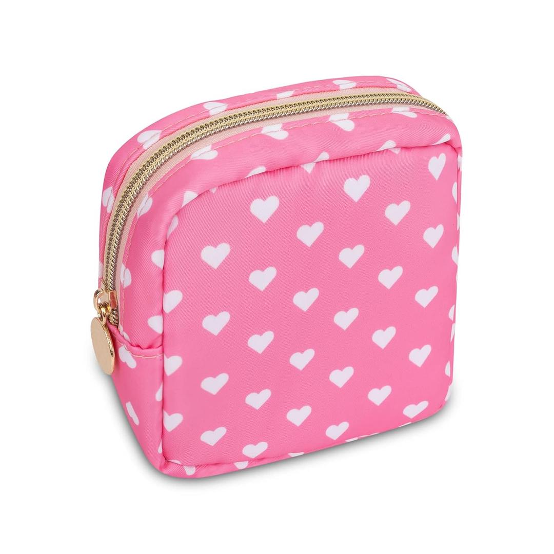 Mini Makeup Pouch for Purse Small Cosmetic Bag Pouch Nylon Travel Toiletry Organizers for Women Girls, Cute Storage Zipper Pouch Coin Purse for School Work Camping(Mini-Pink Heart)