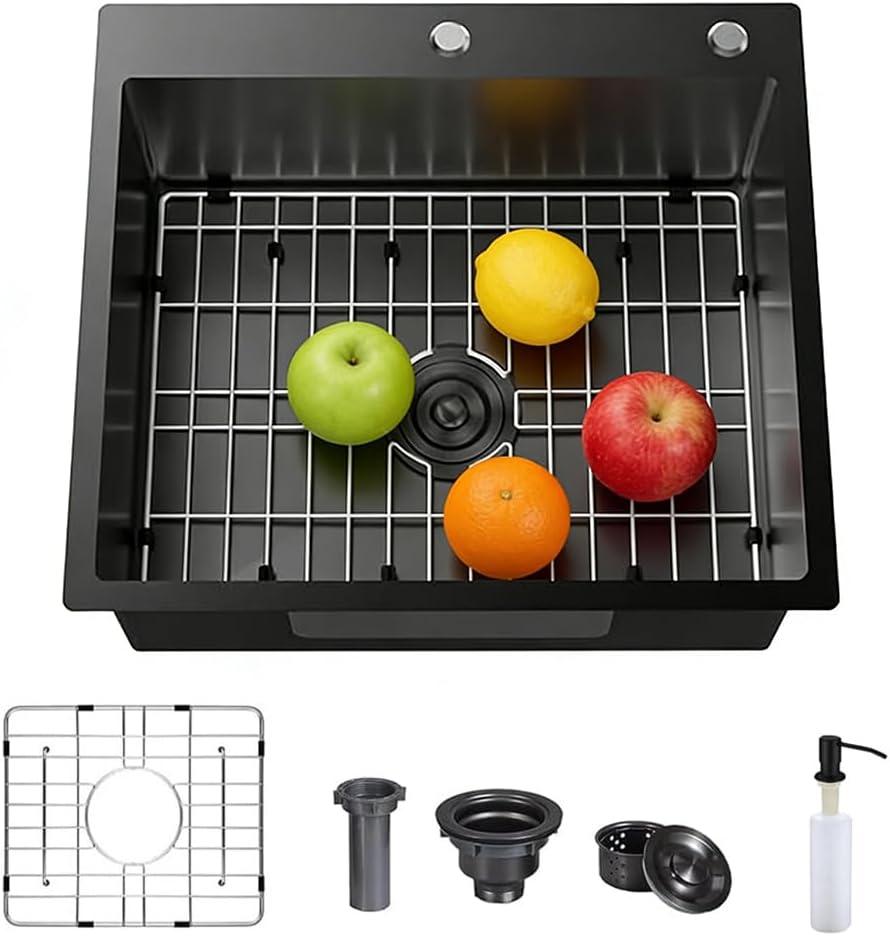 18 x 19 Inch 304 Stainless Steel Drop In Bar Sink,Black Topmount Single Bowl Workstation Kitchen Sink With Protective Bottom Grid For Camper,RV Sink