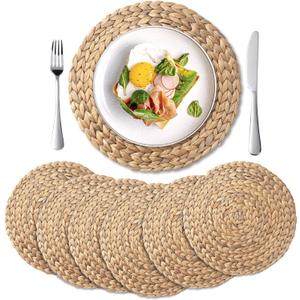 6 Pack, Round Woven Placemats, Natural Water Hyacinth Wicker Place mats, Braided Straw Table Mats, Charger Plates for Dining Table, Fall, Thanksgiving, Christmas (13.8 inch)