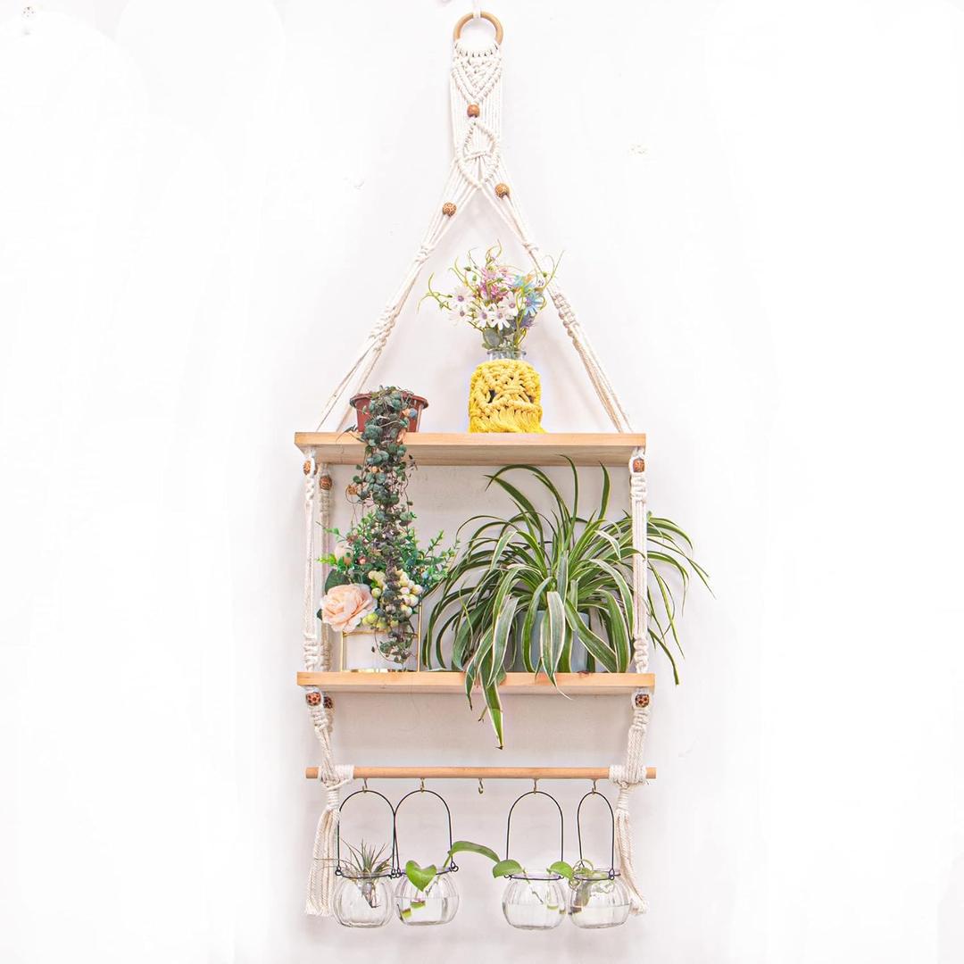 Boho Hanging Shelf with Hooks 2-Tier Macrame Woven Rope Wood Wall Floating Hanging Shelf for Indoor Plants/Keys/Photos/Candles, Bohemian Home Decor for Bedroom/Living Room/Nursery/Entryway
