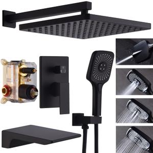 Shower System with Tub Spout 10 Inch Overhead Shower 4 Setting Handheld Spray Rough In Pressure Balance Valve Body with Trim Kit Wall Mounted Rainfall Bathtub Shower Faucet Set, Matte Black 10 Inch Original Model, with Tub Spout