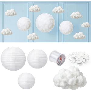 Baquler 3 Pcs White Paper Lanterns with Fiber 3D Clouds Decorations Multi Size 300g Polyester Filling for Ceiling Hanging DIY Clouds Ornament Round Paper Lanterns for Room Birthday Wedding Baby Shower