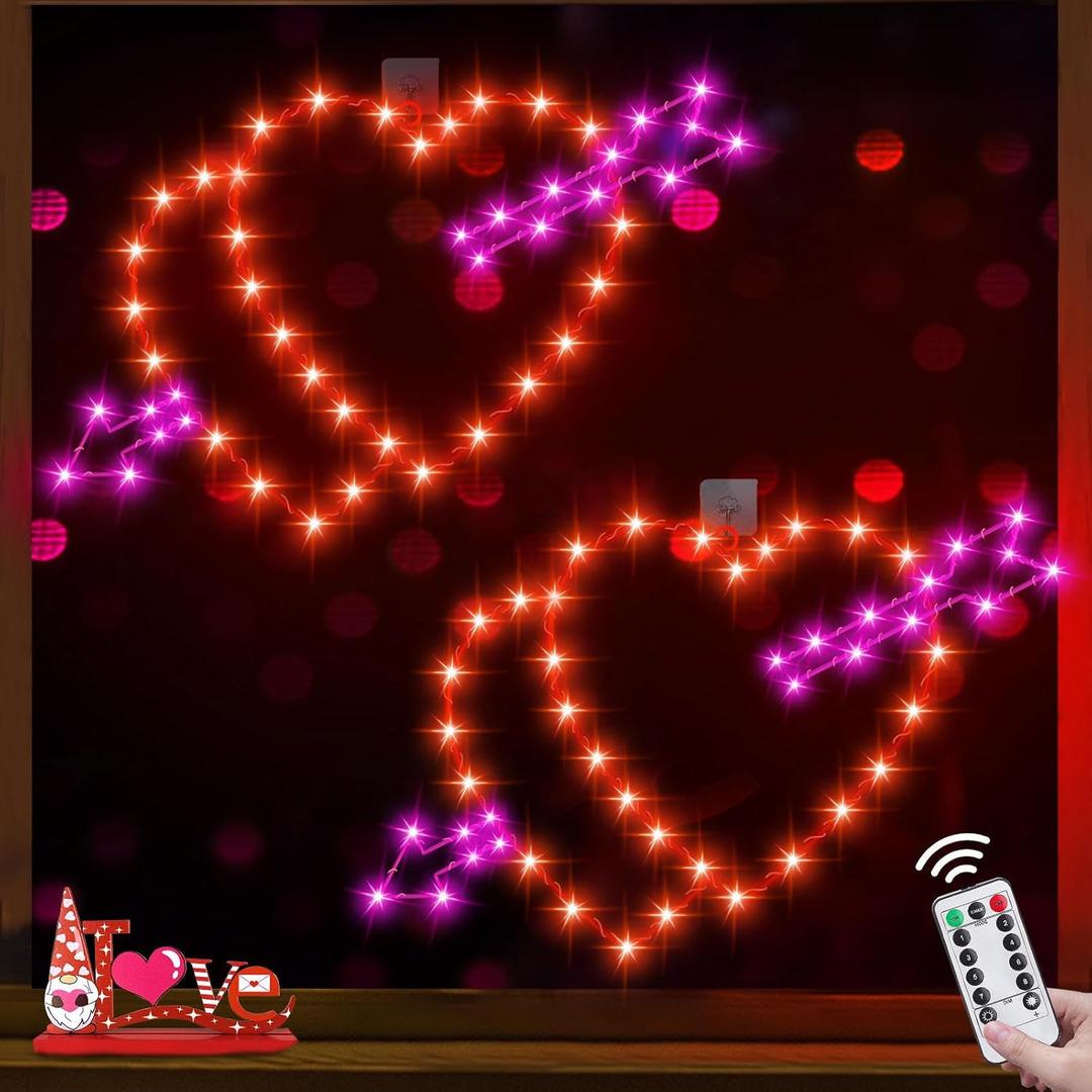 [Large Size & Remote Control] 2 Pack Valentines Day Decorations 12 Inch Windows Lights 88 LED Red & Pink Cupid's Arrow Hearts Lights 8 Modes Timer USB Powered Valentines Decor for Wedding Anniversary