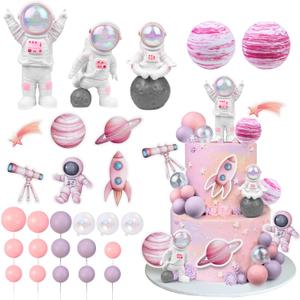 27 PCS Pink Space Cake Toppers Astronaut Figurines Outer Space Astronaut Planet and Rocket DIY Cake Topper for Birthday Party Baby Shower Supplies