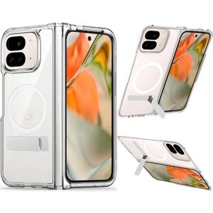 Hiooloon Magnetic for Pixel 10 Pro Fold Case Clear, Compatible with Pixelsnap & MagSafe, Built-in 2-Way Kickstand [Horizontal & Vertical Stand] Magnetic Slim Fit Anti-Slip Rugged Bumper Cover (Clear)