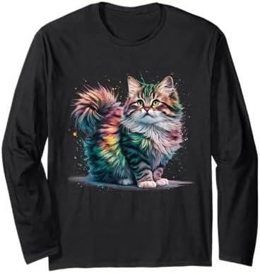 Cat Men Women Colourful Watercolour Cat Long Sleeve T-Shirt size L