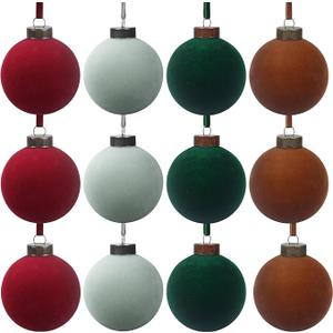 12 Pcs Velvet Christmas Balls Bulk Shatterproof Plastic Christmas Tree Decorations for Decorative Hanging Baubles (12, Wine red、Haze Blue、Blackish Green、Brown, 3.94Inch)