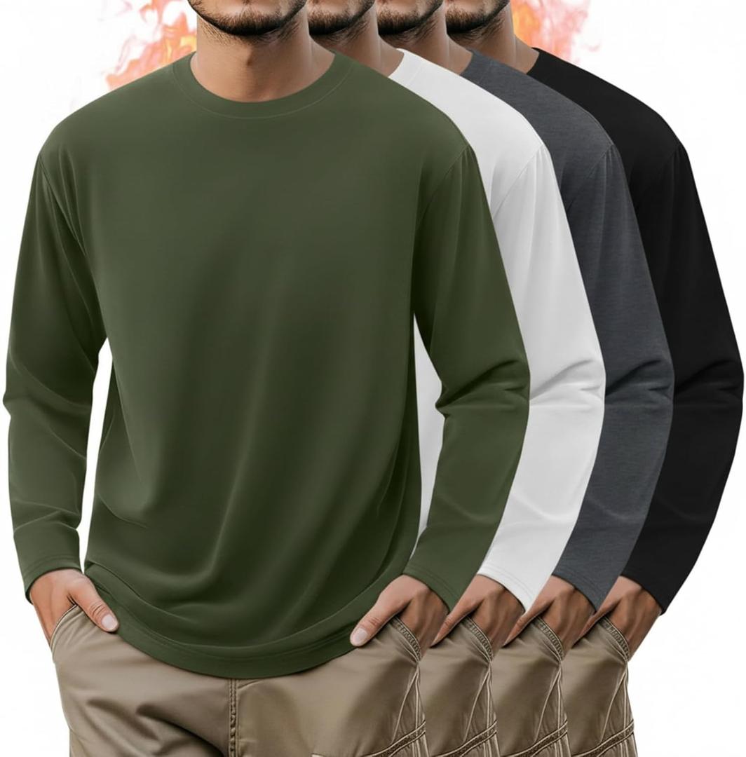 4 Pack Mens Long Sleeve Shirts Crew Neck Thermal T-Shirt Thick Comfortable Sweatshirt Casual Pullover Basic Tops (Small, Army Green, White, Dark Gray, Black)