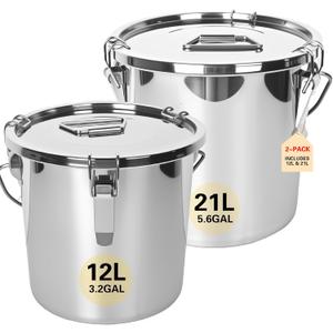 21L/5.6GAL and 12L/3.2GAL Stainless Steel Airtight Canister, Food Storage Canisters with Lid&Locking Clamp for Rice Flour Sugar Grain Coffee Bean Storage Containers (12L & 21L,2 CANISTERS)