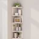 No-Drill Corner Shelf Wall Mount, 5-Tier Floating Corner Bookshelf with Hooks, Space-Saving Zigzag Plant Shelf for Bedroom, Living Room, Bathroom, Home Office (White)