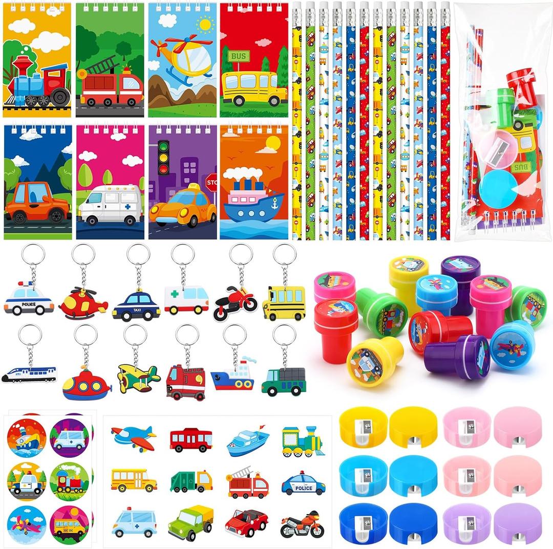 Pasimy 96 Pcs Transportation Party Favors Vehicle Birthday Party Favors Fire Truck Mini Notepad Bus Sticker Police Car Keychain Transport Themed Supplies for Traffic Theme Goodie Bag Filler Prize Gift