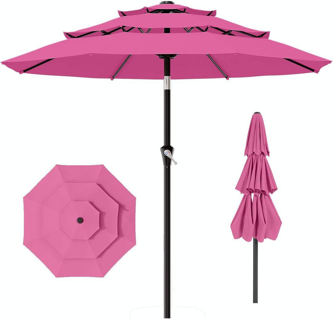 AreShark 9ft 3-Tier Patio Umbrellas, Outdoor Umbrella with 8 Sturdy Ribs UV Protection Windproof, Market Table Umbrella w/Push Button Tilt & Crank for Pool, Porch, Deck, Garden(Rose Pink)