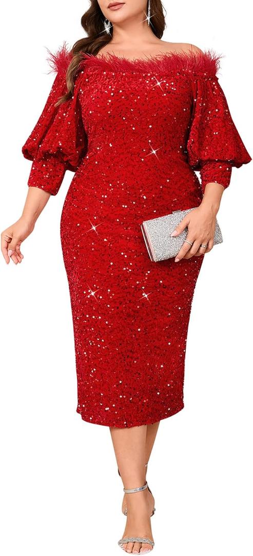 Women Sexy Sequin Off The Shoulder Puff 3/4 Sleeve Bodycon Dress Formal Party Cocktail Evening Midi Dress (Light Red)