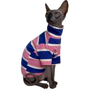 Vintage Stripes Sphynx Hairless Cats Shirt Cotton Cat Turtleneck Pet Clothes Kitten T-Shirts with Sleeves for Sphynx Cats (Wide Pink Blue Stripe, Medium)