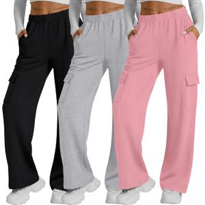 Neer 3 Pack Womens Pants with Cargo Pockets Casual High Waisted Baggy Wide Straight Leg Sweatpants Lounge Joggers Trousers (Large, Black, Light Gray, Pink)