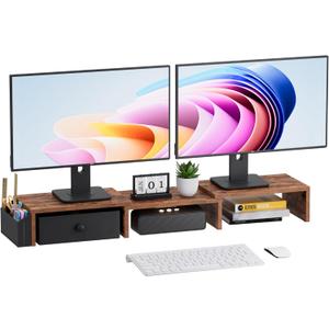 Dual Monitor Stand Riser, Adjustable Length & Swivel Angle Monitor Stand, Ergonomic Monitor Stand with Drawer & Side Pockets, Desktop Organizer and Office Desk Accessories, Rustic Brown