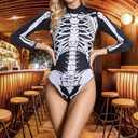 Womens Halloween Skeleton Bodysuit Festival Rave Outfits Cosplay Long Sleeve Body Suit (X-Large)