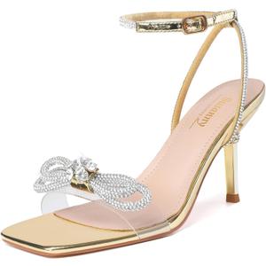 Susanny Women's Closed Toe Rhinstone Wedding Low Heel Slingback Clear Kitten Heels,Adjustable Strap Pointed Toe Bow Pumps High Heeled Prom Dress Shoes (Gold)