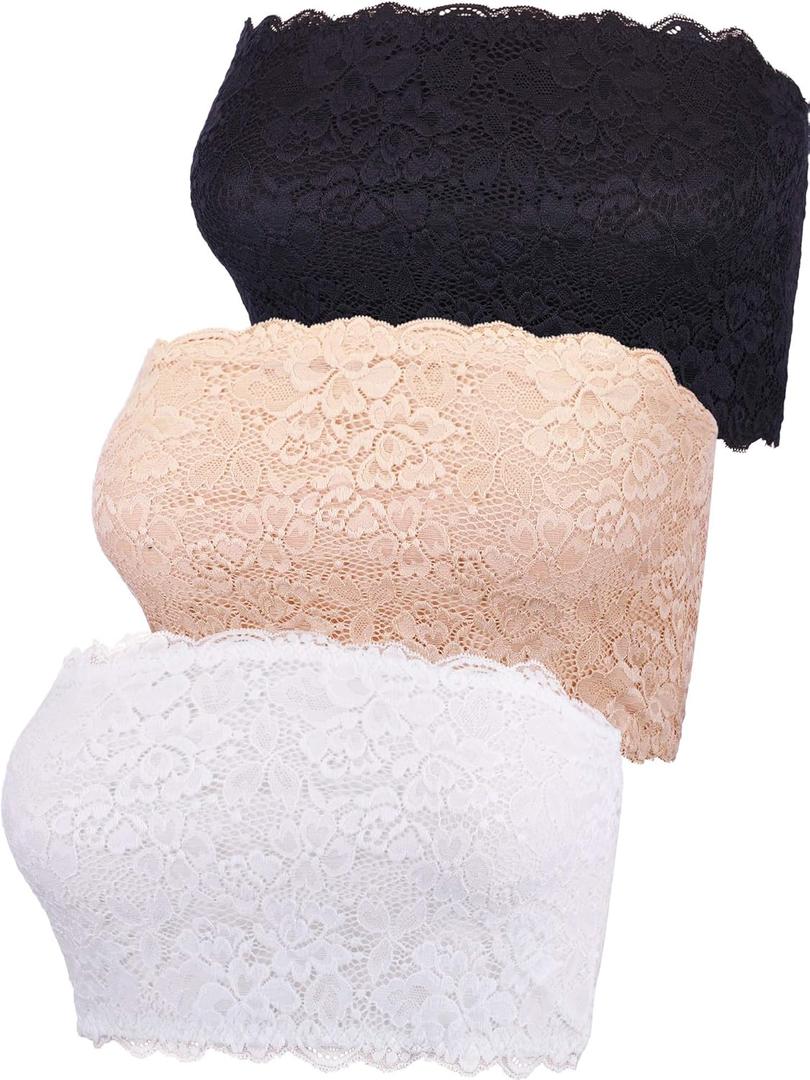 Boao 3 Pieces Women's Floral Lace Tube Top Bandeau Strapless Bras Seamless Stretchy Chest Wrap (Large, Black, White, Beige)