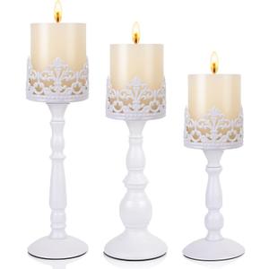 Candle Holders for Pillar Candles Set of 3 White Vintage Tall Candle Holders Decorative Large Table Centerpieces Candle Stand Decor