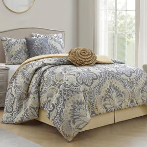 LANCO MODERN LIFESTYLE Grey Yellow 6 Piece Comforter Set, King, Elegant Floral Jacquard, Ultra Soft Bed Set for All Seasons, Bed in a Bag, Include Comforter, Bed Skirt, Pillow Shams & Decor Pillows