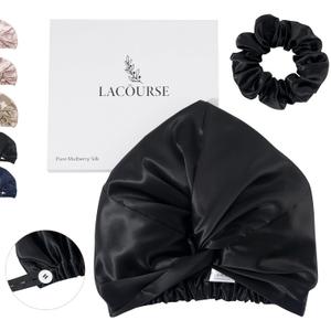 Anti-Slip Adjustable Real 22 Momme 100% Mulberry Silk Bonnet with Scrunchie for Sleeping Women, Double-Layered Silk Hair Bonnet for Curly Hair, One Size (21-24 inch Head Size), Black
