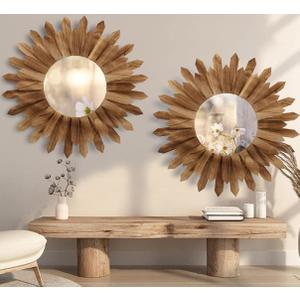 LOSOUR 2 Pack 22 Inch Boho Wall Sunburst Mirror Rustic Round Wood Decorative Mirror Boho Wall Art Decor for Entryway Bedroom Living Room