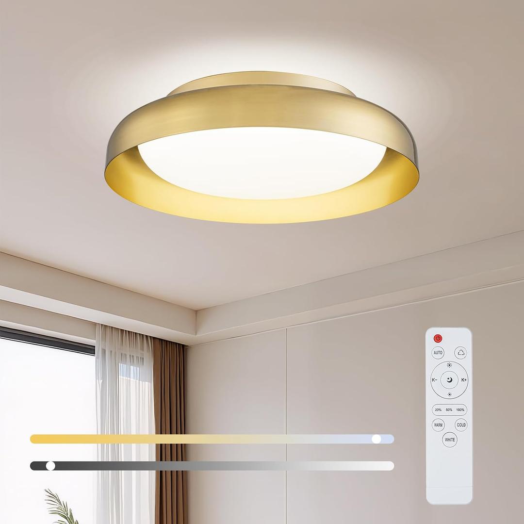 Ken & Ricky Flush Mount Ceiling Light Fixture, Led Dimmable 24w for Bedroom Kitchen Bathroom Laundry Hallway Entryway,Remote Control (Brushed Gold,12Inch,1PK)