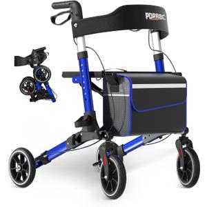 Foldable Walkers for Seniors with Seat, All Terrain Rollator Walker, 8'' PVC Wheels & Brakes, Lightweight Aluminum Alloy Frame, Height Adjustable Folding Mobility Aid for Elderly Adults,Blue