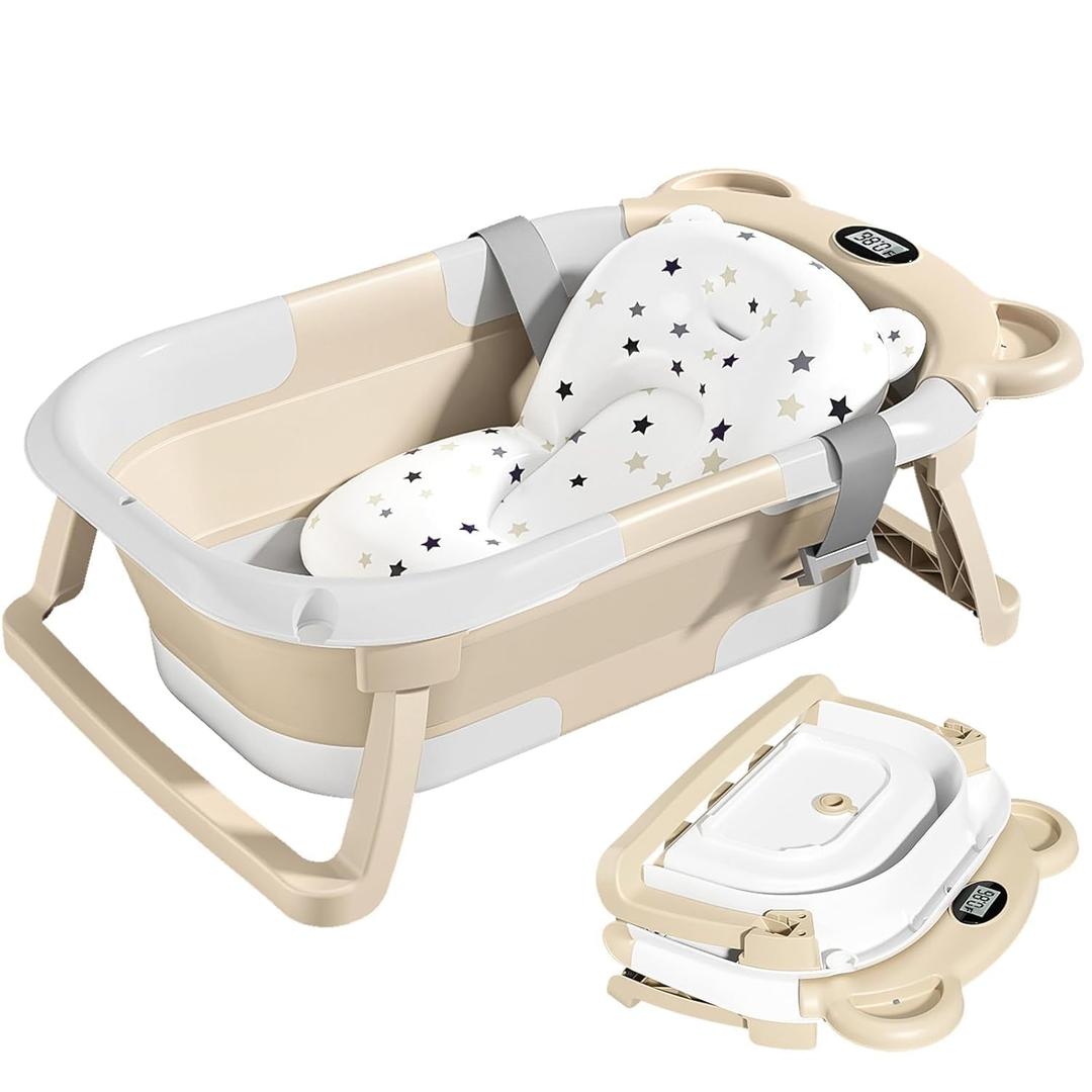 TPN Collapsible Baby Bathtub for Infants to Toddler with Real-time Temp Monitor+Floating Cushion,Foldable Baby Bath Tub Set Applicable 0-36 Month,Perfect Portable Travel Baby Tub for Newborns Boy (Beige)