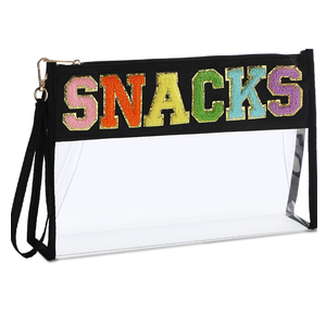 Remerry Clear Chenille Letter Makeup Bag Stand up Snack Bags Preppy Cosmetic Pouch Expandable Clear Travel with Wrist Strap Zipper Portable Multipurpose PVC Nylon for Women Travel(Black,Snack)