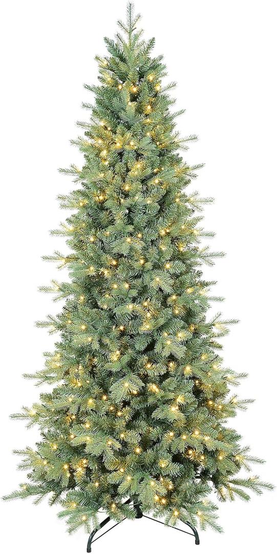 6 FT Prelit Artificial Skinny Christmas Tree,Blue Spruce Slim Pencil Xmas Tree with 1205 PE&PVC Mixed Branch Tips and 300 UL Listed Clear Lights,Hinged Pine Tree with Metal Stand for Home Office Dcor
